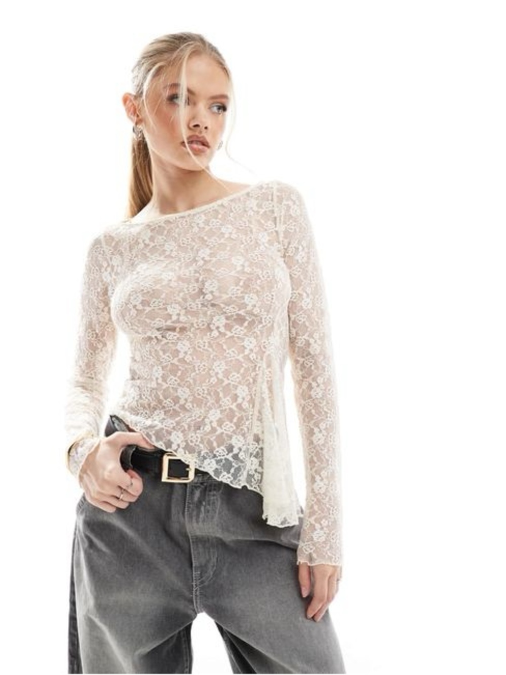 Bershka Cream Lace Asymmetric Long-Sleeve Top
